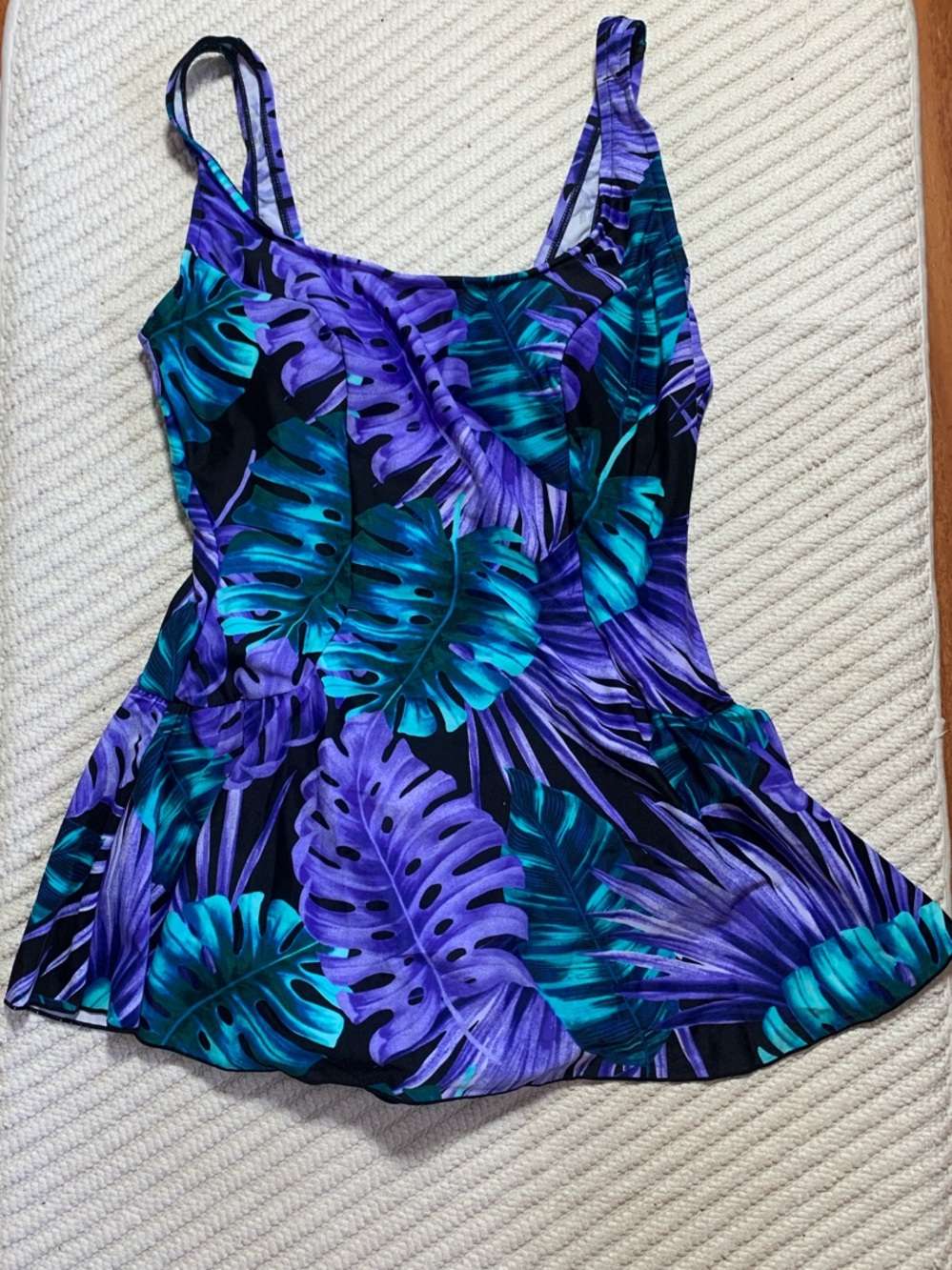 NWT AZUL Tropical Purple & Teal Peplum One-Piece Swimsuit, Size 12